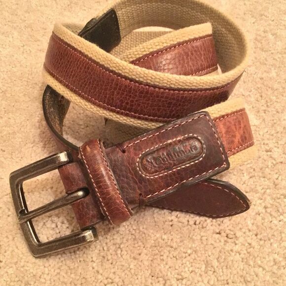 Columbia Sportswear Belt Men 36 Brown Leather Tan Cotton Canvas Silver Buckle - Picture 1 of 7